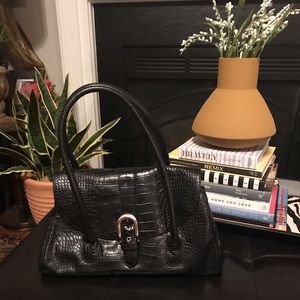 Top handle satchel in black faux croc